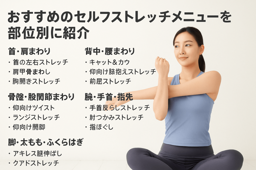おすすめのセルフストレッチメニューを部位別に紹介